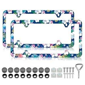 LIN KANG 2Pcs Blue Hibiscus Flowers License Plate Frames Tropical Flower Hawaii Floral License Plate Holder Aluminum Metal Rust-Proof Waterproof Car Decorative Tag Frames for Standard US 12x6 Inch