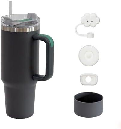 KISSKIND 40 oz Tumbler with Handle and Straw Lid Accessories, Straw Cover Cap, Silicone Spill Proof Stopper, Silicone Boot, Stainless Steel Water Bottle 40oz Insulated Cup, Ideal Gift for Women, Gray