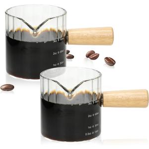 Espresso Cups Set of 2, 4 OZ Espresso Shot Glasses with Wood Handle, V-Shaped Spouts Cups, Ribbed Milk Frothing Pitcher, Glass Measuring Cup, Coffee Espresso Accessories, Demitasse Cups, Small (Clear)
