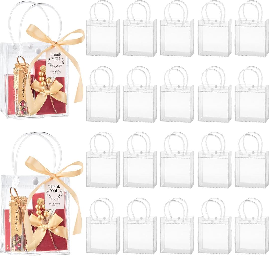 Mauproy 50 Pack Clear Plastic Gift Bags with Handles, Party Favor Bags with Ribbons and Tags, Reusable Goodie Tote Bags for Wedding Baby Shower Christmas (4.9" x 5.9" x 2.8")