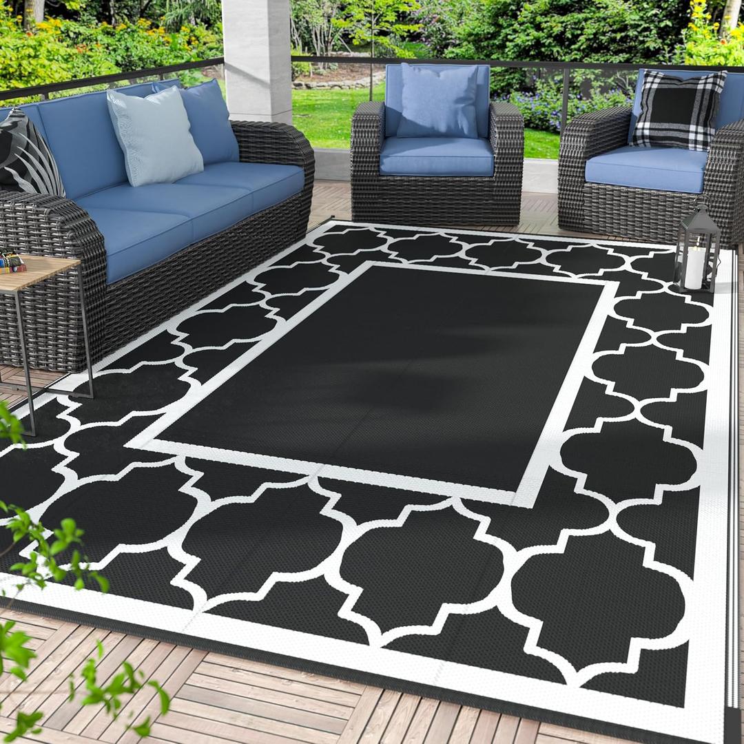 GENIMO 8 ' x 10 ' Outdoor Rug for Patio Clearance, Waterproof Indoor Outdoor Plastic Straw Rugs Carpet, Reversible Outside Area Rv Mat for Camping, Balcony Porch, Deck, Picnic, Beach (Black & White)