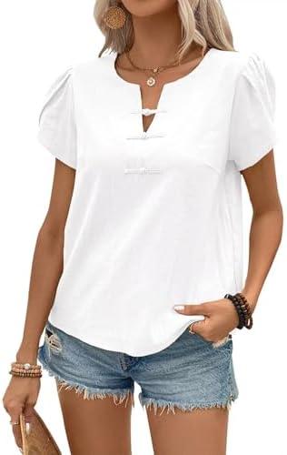Falechay White T Shirts for Women Summer Tops 2025 Trendy Plus Size Cute Summer Tops Short Sleeve Shirts Blouses for Women Dressy Casual White XXL V Neck Button-Up Tunic Cotton Vacation Fall Beach, 2XL