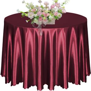 KKJIAF 1 Pack 108 Inch Round Table Cloth, Burgundy Overlay Round Satin Table Cover, Silky Satin Dining Tablecloths for Wedding Buffet Parties Banquet Decoration