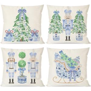PANDICORN Christmas Blue and White Chinoiserie Throw Pillow Covers 18x18 Inch Nutcracker Sleigh Christmas Tree Bow Green Outdoor Grand millennial Decorations Xmas Pillow Cases, Set of 4 for Couch Decor