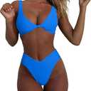 geluboao Bikini Set for Women Solid V Neck Knot Front Push Up High Leg Thong Two Piece Swimsuit (Medium, Blue)