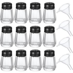 Potchen 10 Pcs Cube Shape Mini Salt and Pepper Shakers Bulk 0.5 oz Small Cube Glass Spice Shaker with Plastic Mini Funnels for Wedding Kitchen Restaurant Travel Camp Party (Black)