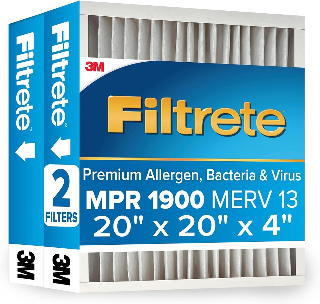 Filtrete 20x20x4 AC Furnace Air Filter, MERV 13, MPR 1900, Premium Allergen, Bacteria & Virus Filter, Electrostatic Air Cleaning Filter, 2-Pack (Actual Size 19.75 x 19.75 x 4.31 in)