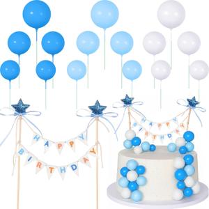 16 Pcs Happy Birthday Cake Topper Cake Bunting Topper Banner with Wood Pole Rainbow Garland with Bow Ribbon Balloon Cupcake Decor for Birthday Baby Shower (White,Light Blue,Dark Blue)