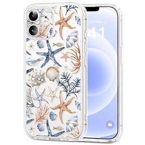 Dibrell for iPhone 12 Case, [Full Camera Protection] [Not Yellowing] [Military-Grade Drop Protection] Cute Clear Slim Shockproof Protective Phone Cover for Women Girls 6.1", Starfishes/ Blue
