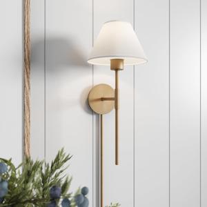 Nathan James Millie Plug-in Wall Sconce, Wall Mounted Bedside Reading Lamp with Cotton Shade and Brass Back Plate, Set of 1