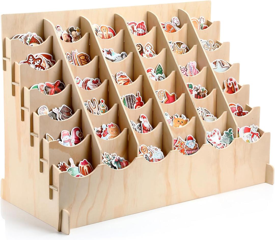 36 Pocket Sticker Display Stand for 4 Inch Stickers 6 x 6 Curved Pocket Brochure Holder for Vendor Booths Craft Fairs Wooden Bookmark Organizer Rack for Small Business & Tabletop Display