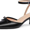 Coutgo Satin Kitten Low Heels with Bow Closed Pointed Toe Short Pumps Dress Wedding Party Shoes, Size 7