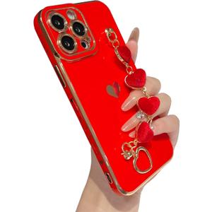 Caseative for iPhone 13 Pro Max Case,Cute Plating Love Heart Wrist Strap Chain Bracelet Phone Case (Red)