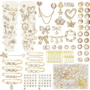 132 Pcs Junk Socks Charms Kit, Brooches and Pins for Women, Shoe Charms for Mothers Day with Pearl Safety Pins and Brooch Buttons, Teen Girl DIY Accessories for Decorating Socks, Sneakers (Golden)
