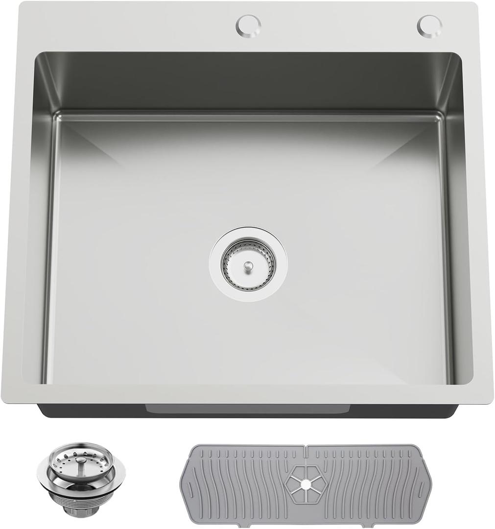 25x22 Inch Stainless Steel Kitchen Sink - Drop In Single Bowl Topmount Modern Kitchen And Bar Sink With Silicon Mat,Drain Strainer Set Compatibility With Various Kitchen&Bar Style, 25x22x9 inches
