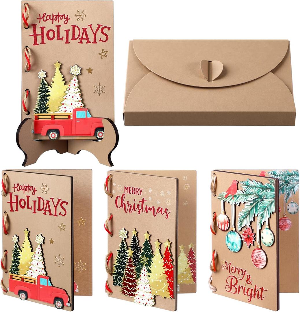 Colarr 3 Pcs Wooden Christmas Greeting Card Set Personalized Merry Christmas Greeting Card Gifts Handmade Blank Xmas Cards with Envelopes for Friends Family Xmas Party Favor Gifts