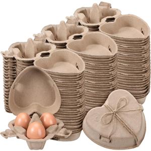 FoldTier 200 Pcs Heart Shaped Eggs Cartons 3 Count Natural Paper Pulp Egg Cartons with Jute Rope Reusable Cardboard Storage Baskets Holder Tray for Kitchen Easter Holiday Gifts Market Farm