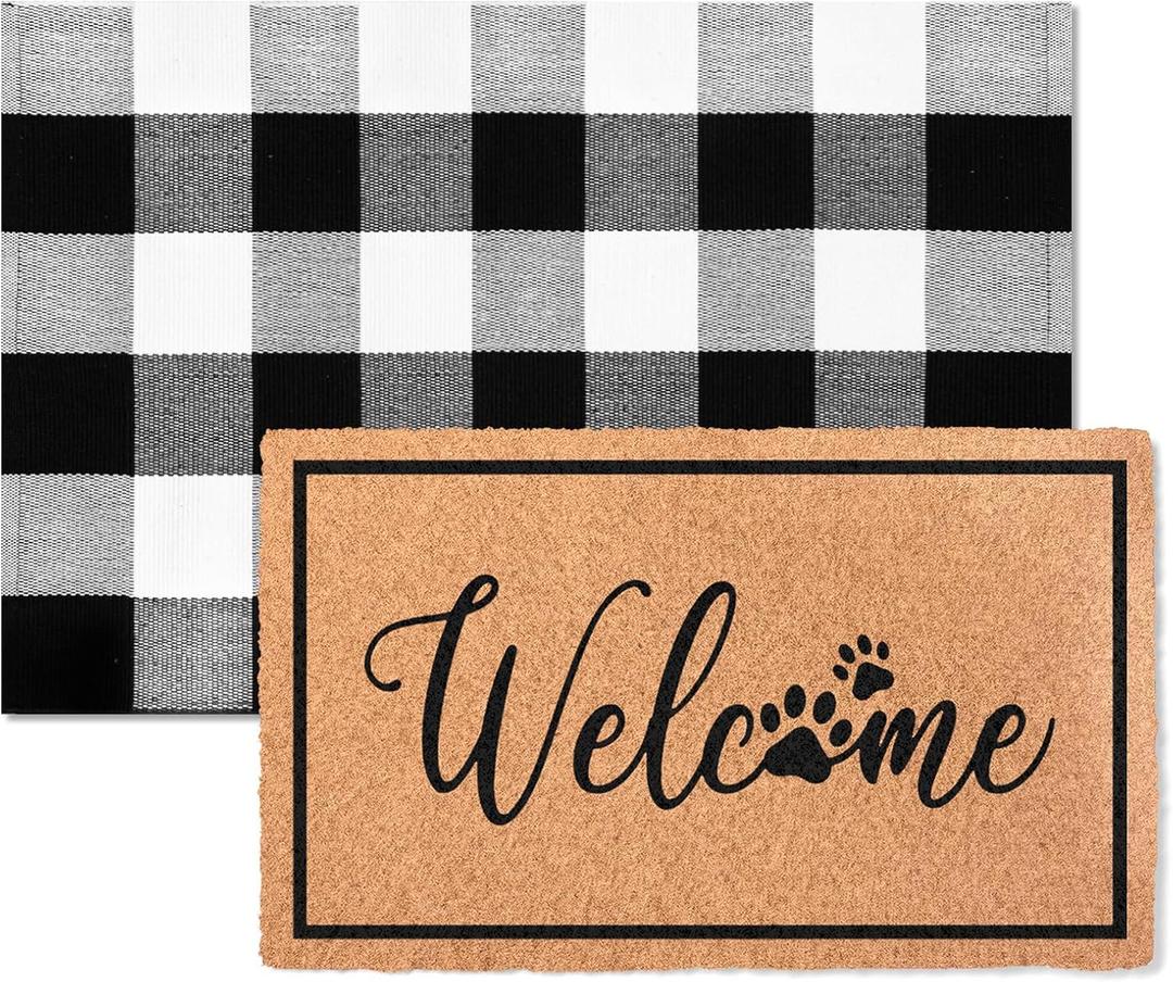 2-Piece Layered Welcome Mat Set - Coir Doormat & Buffalo Plaid Rug | Dog Paws Coir Doormat & Black White Buffalo Plaid Outdoor Rug, Non-Slip Farmhouse Entryway Front Porch Decor