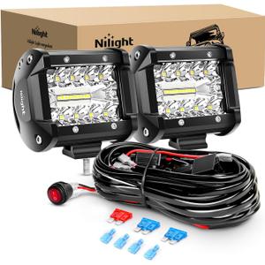 Nilight LED Light Bar 2PCS 60W 4 Inch Flood Spot Combo LED Work Light Pods Triple Row Work Driving Lamp with 12 ft Wiring Harness kit - 2 Leads (White)
