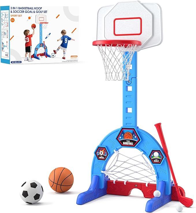 HYES Toddler Basketball Hoop, 3in1 Sports Activity Center with Soccer Goal, Golf Game, 5 Height Adjustable Kids Basketball Hoop, Indoor Outdoor Playset Toys Gifts for Boys Girls 35, Blue