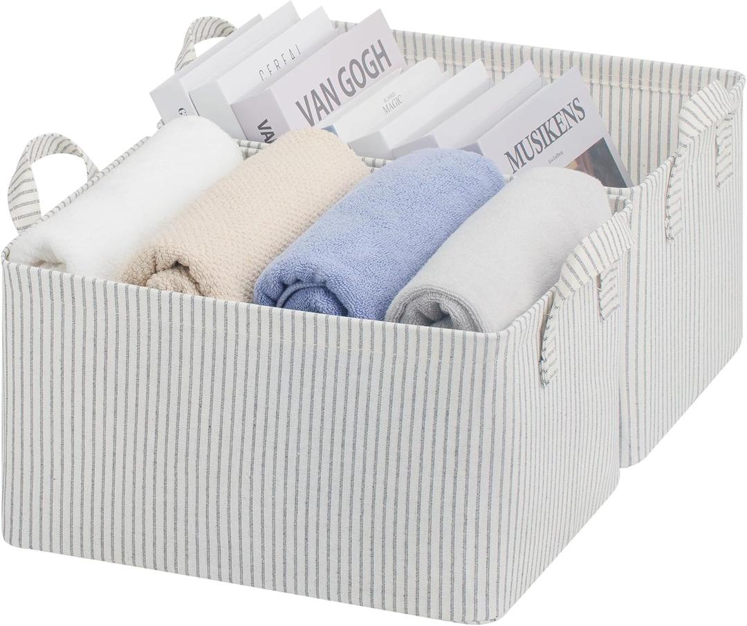 StorageWorks Storage Bins, Fabric Storage Bins for Shelves, Storage Baskets with Metal Frame, Closet Baskets and Bins with Handles, Khaki and Beige Stripes, 2-Pack (14 " L x 10 " W x 8 " H)