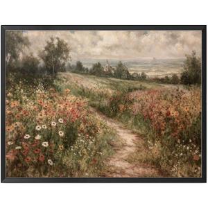 LUCKLYDOUDOU Poster Wall Art Picture Wildflower Field Wall Art Print Nature Flower Landscape Botanical Canvas Minimalist Art Poster Living Room and Bedroom Office Decoration 16x24inch Metal Frame