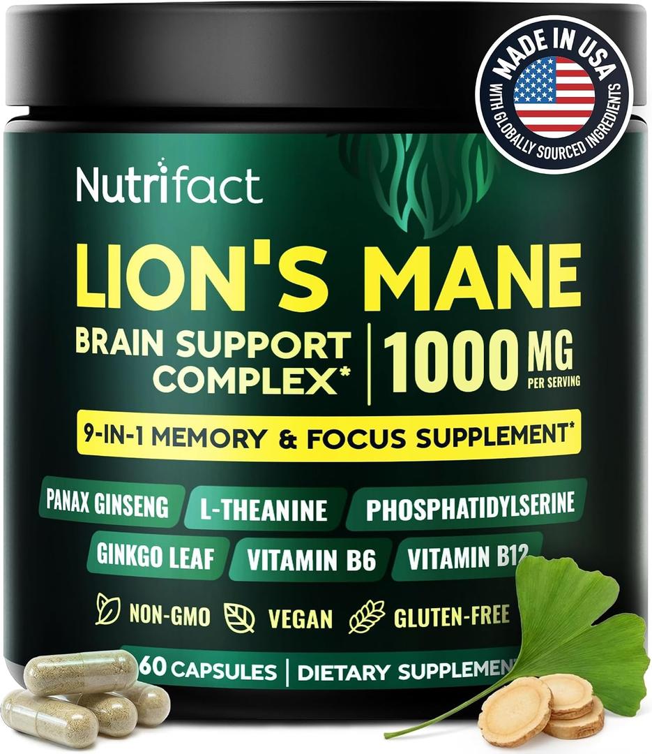 Lions Mane Mushroom Capsules 1000mg, Brain & Focus Supplement, Vegan | Supports memory and mental clarity with L-Theanine, Ginkgo, Bacopa and B vitamins; non-GMO, made in USA; no stimulants