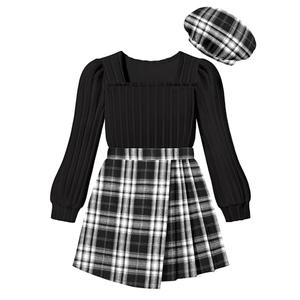 NECIOUS Girls Clothes Size 11-12 Fall Winter Girls Outfits 10-12 Long Sleeve Rib Knit Shirt Tops Black Plaid Skirt Shorts Beret Dress 2 Piece Clothing Set