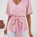 FSHAOES Womens Summer Short Sleeve Blouses V Neck Peplum T-Shirts Tops (Pink)