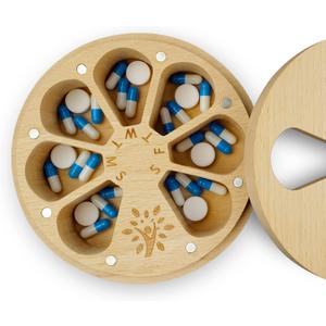 Wood Weekly Pill Organizer for Medicine Vitamin,Arthritis Friendly 7-Day Pill Box Medium Compartments Holder,Daily Portable Travel Pill Case with Velvet Bag