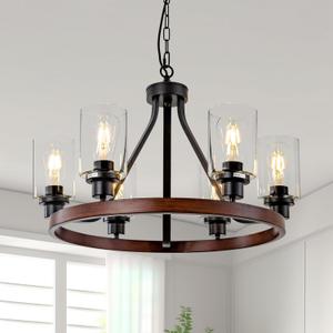 6-Light Farmhose Chandelier for Dining Room Light Fixture Faux Wood Kitchen Pendant Light Round Rustic Ceiling Hanging Lighting with Glass Globes Adjustable Height Metal E26