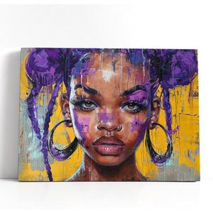 African American Teen Black Girl Wall Art Purple Hair Girl Prints Painting Picture Canvas Framed Inspirational Wall Art Decor For Living Room Kitchen Office Bathroom Bedroom Home Wall Art Wall Decor (20"L x 16"W)