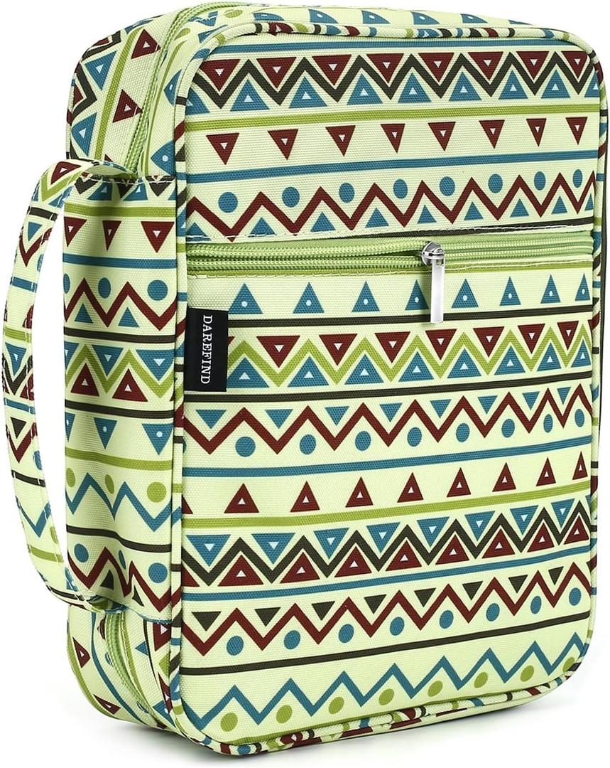 Large Bible Cover for Women, Mint Green & Teal Boho Geometric Bible Case with Zipper, Durable Canvas Study Bible Bag with Handle, Fits up to 10 x 7 x 2 Inches