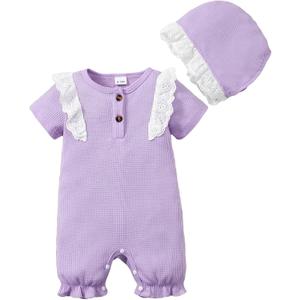 SUNNY PIGGY Baby Girl Clothes Infant Sleeveless Jumpsuit One Piece Romper Newborn Overalls Outfits Bodysuit with Hat (6-12 Months, Purple-lace)