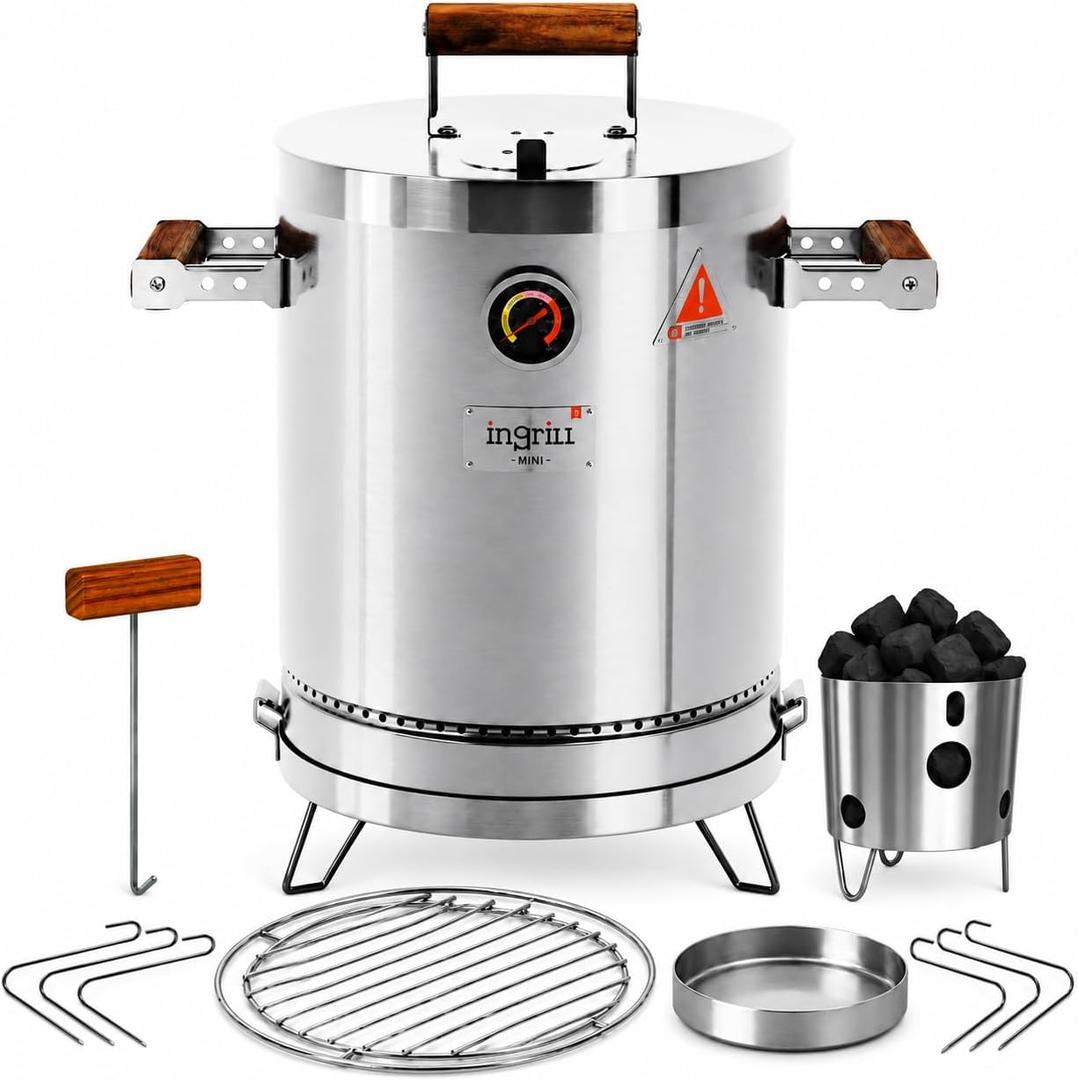 INGRILL Mini Charcoal Grill Smoker Portable BBQ 6 LBS Stainless Steel Barrel for Camping, Small Outdoor Cooking with Thermometer