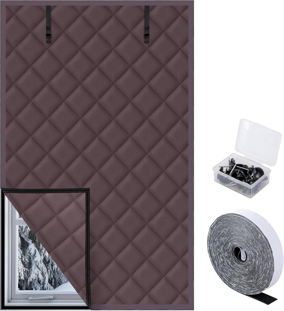 3 Layer 63 x 39 Inch Winter Insulated Window Curtain,Oxford Thermal Insulated Window Blanket with Fastener,Brownish Red Window Insulation Kit for Winter Keeping Warm