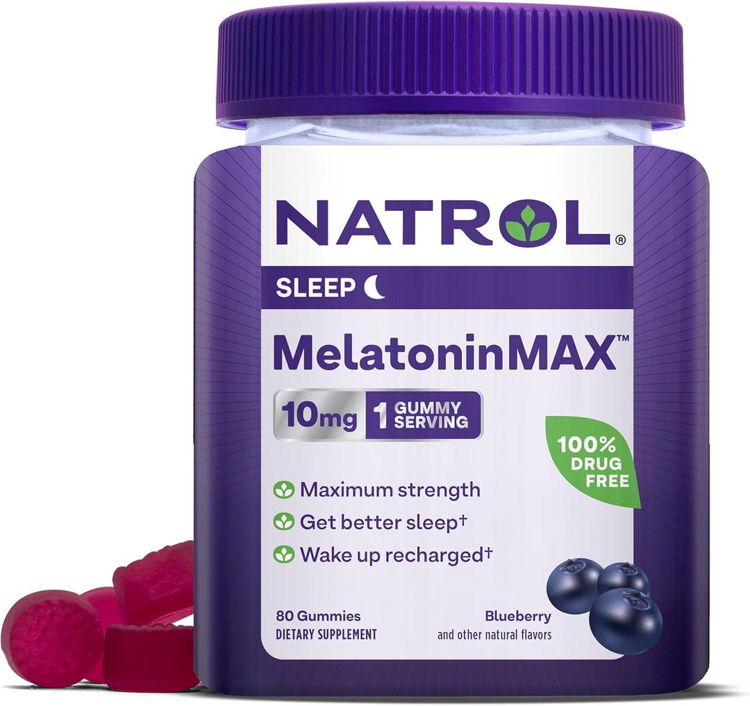 Natrol Melatonin Max 10mg, Blueberry, 100% Drug Free, Vegetarian Friendly, Non-GMO, 80 Gummies (Pack of 1)