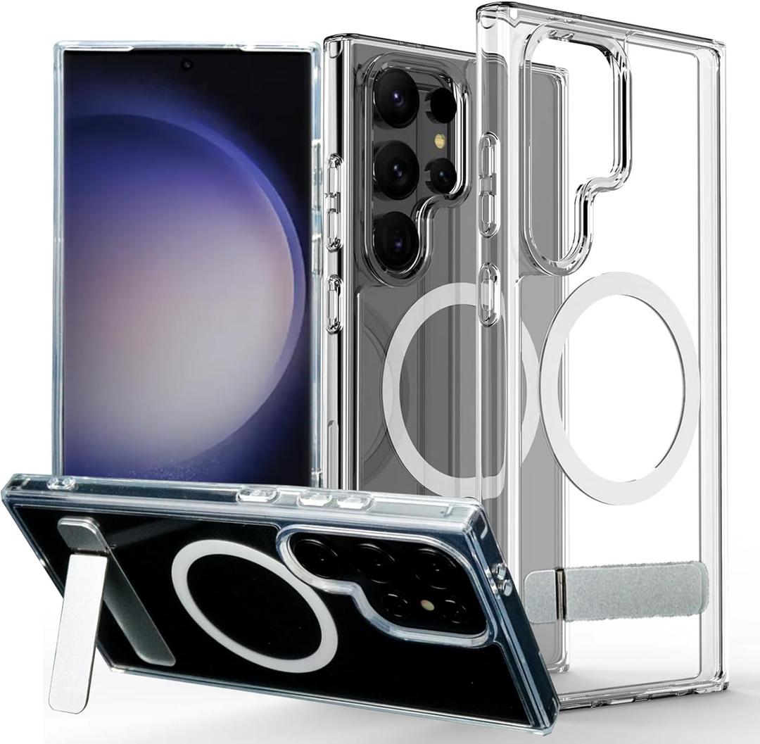 Strong Magnetic for Samsung Galaxy S24 Ultra Case Clear, [Compatible with Magsafe] [Built-in 3-Way Kickstand] [10FT Military Grade Protection] Anti-Yellowing Slim Stand Phone Case (Clear)