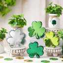 Threehoney 4 Pcs St Patricks Day Disco Mirrored Shamrock Decoration Green Table Centerpieces Irish Clover Signs Ornament Tiered Tray Decor for Holiday Party Office Shelf Home Decoration