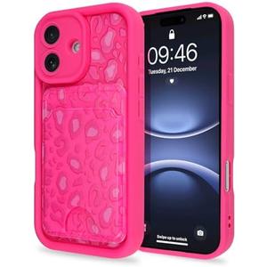 MZELQ Compatible with iPhone 17 Case 2025 Silicone Card Holder, Cute Pattern Leopard Print Cheetah Cover for Girls Women -Hot Pink