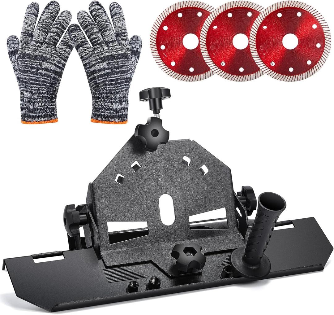 45 Degree Tile Chamfering Tool Kit Include a 45 Degree Angle Cutting Tool with Handle and Dust Removal Pipe, 3 Diamond Blades and a Pair of Work Gloves for 115 to 125mm Angle Grinders