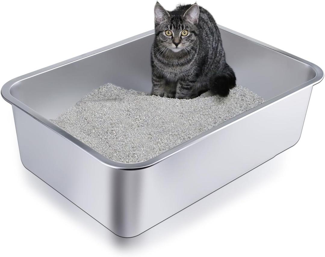 Stainless Steel Litter Box, Metal Cat Litter Box with High Sided for Medium and Small Cats, Kitty Litter Boxes, Non-Stick, Easy to Clean, Sturdy and Durable Cat Toilet (17.52" L x 13.6" W x 6" H)