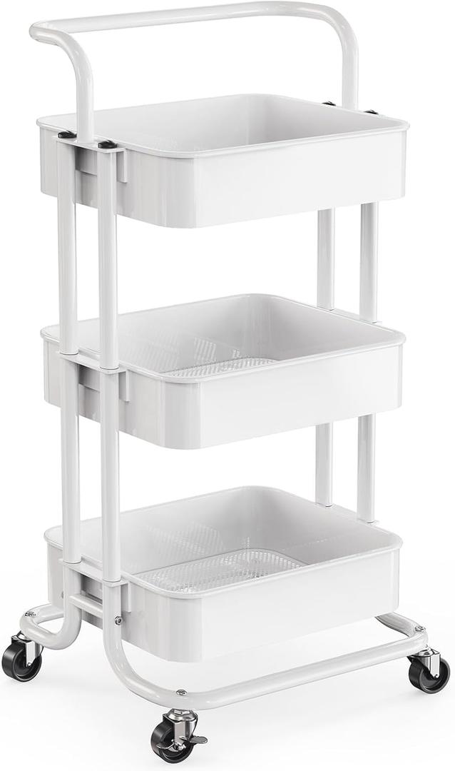 Pipishell 3 Tier Mesh Utility Cart, Rolling Metal Organization Cart with Handle and Lockable Wheels, Multifunctional Storage Shelves for Kitchen, Living Room, Office White