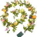 6FT Easter Garland for Mantle, Spring Garland with Eggs Flowers, Lighted Faux Greenery with Timer for Summer Fireplace Outdoor Decorations (6FT-flower)