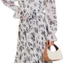 ANRABESS Women's Floral Midi Dress Puff Long Sleeve Casual Ruffle Chiffon A-Line Swing Pleated Belted Tea Party Dresses