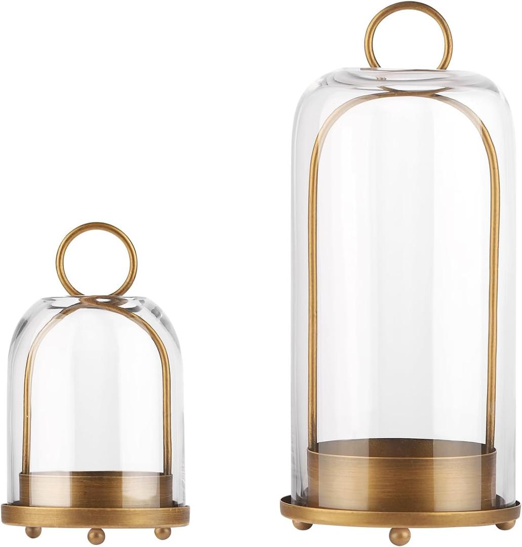 5" & 4" Wide Versatile Metal Candle Holder in Antique Brass with Handmade Thick, Heavy & Sturdy Glass Dome for Pillar Candle, Industrial, Modern, Shelf, Mantel, Veranda, Porch (Brass, Large & Small)