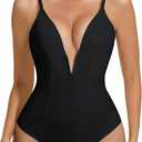 Deep V Bodysuit for Women Thong Shapewear Tummy Control Low Back Shapewear for Women (Medium, Black)
