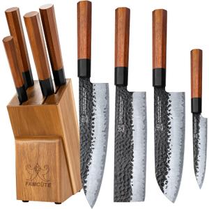 Japanese Knife Block Set, Hand Forged 5-Layer 9CR18MOV Clad Steel Ultra Sharp Kitchen Knives with Wooden Storage & Rosewood Handle, Includes Chef, Santoku, Nakiri, Fruit Knife for Home Mom/Dad
