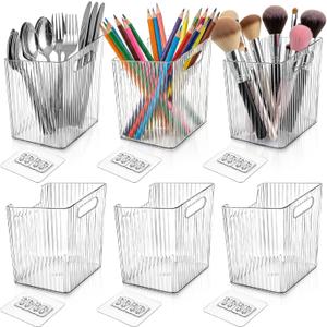 6 Pack Storage Bins Wall Mounted, Plastic Shower Basket Caddy with Self-Adhesive Hooks, Stackable Hanging Bin Storage Organizer Holder for Cabinet, Kitchen, Bathroom, Freezer, Under Sink