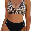 Blooming Jelly Womens High Waisted Bikini Sets Color Block Two Piece Swimsuit V Neck Crisscross Back Bathing Suit (Small, Black Leopard)